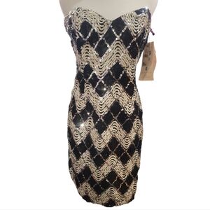 Jessica McClintock Gunne Sax black white silver sequin strapless occasion dress